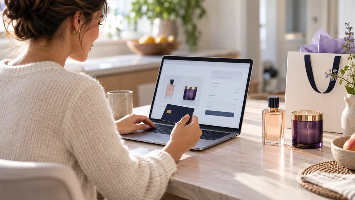 Shopper completing an online purchase from a laptop