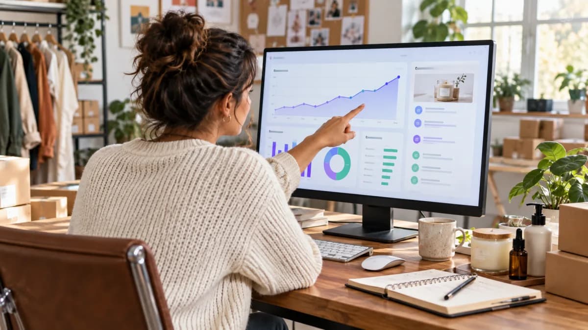 Store owner reviewing commerce performance insights on a large screen