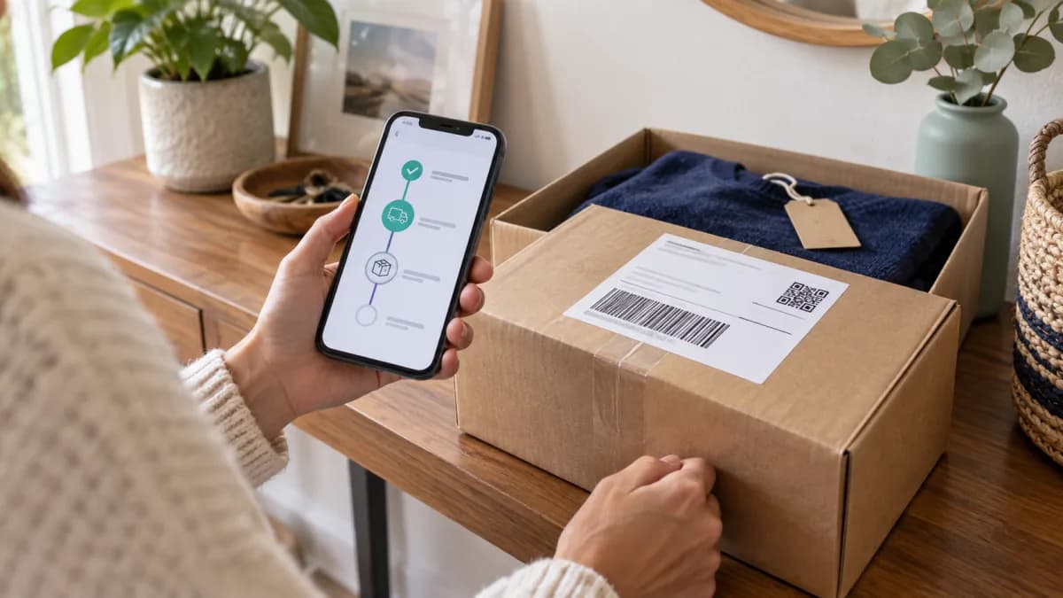 Customer checking an order update beside a parcel prepared for return