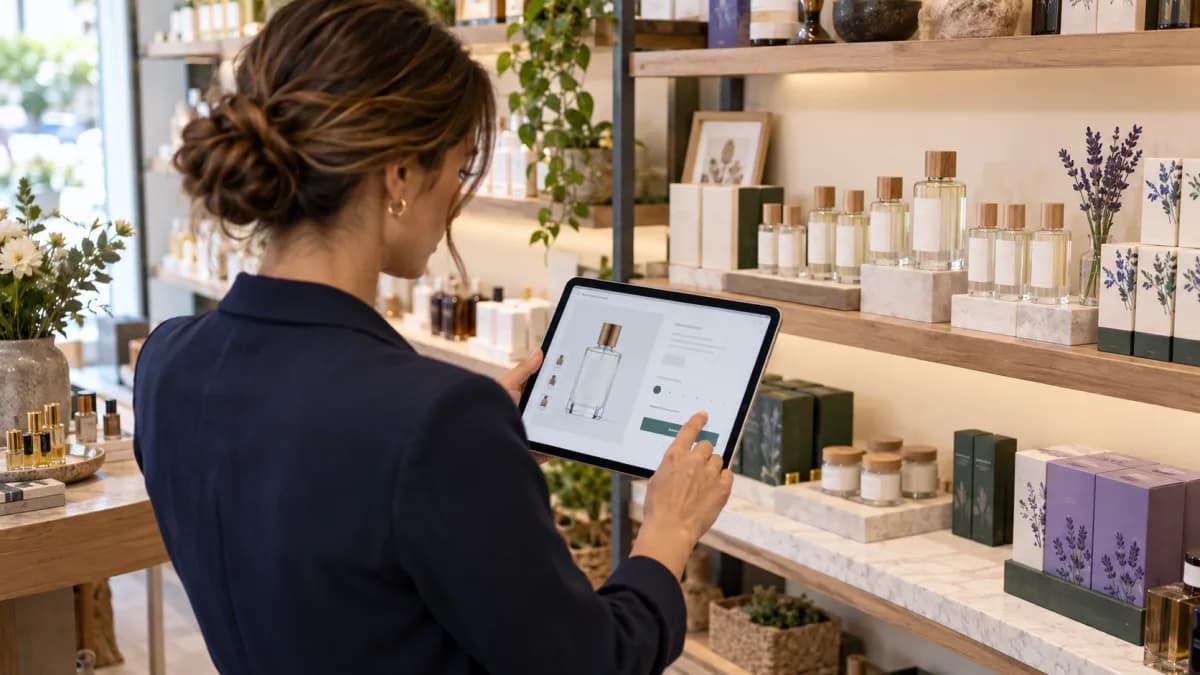 Store owner comparing a product listing with the inventory on the shop shelf
