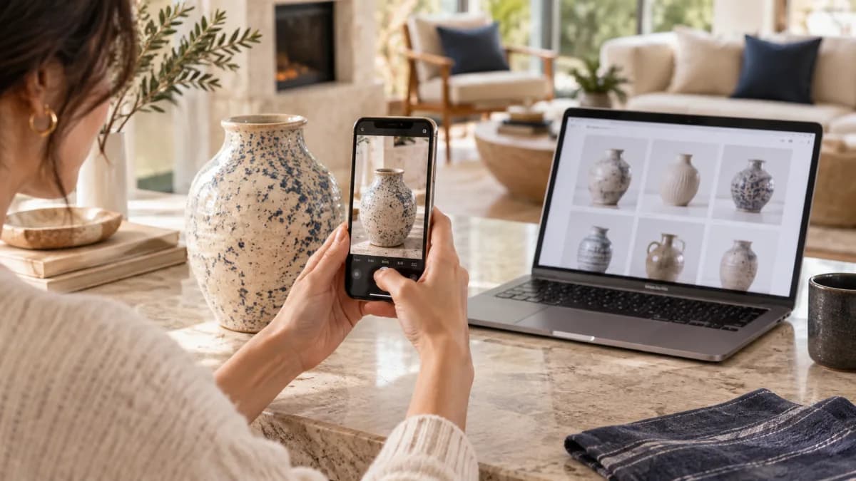 Shopper photographing a ceramic vase while similar products appear on a laptop
