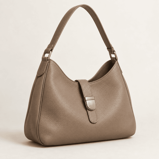 Taupe leather shoulder bag with brass clasp
