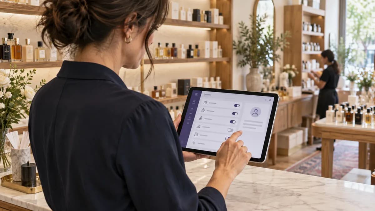 Boutique owner choosing limited access permissions on a tablet